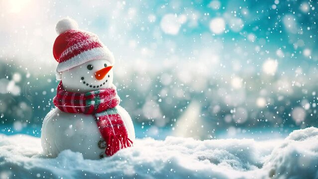可愛い雪だるまが冬の暖かい挨拶をしてくれるイメージ。クリスマス、冬の雰囲気演出。