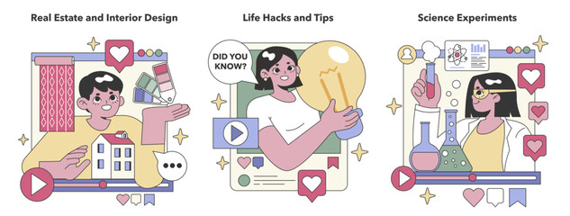 Homestyle Insights set. Home buying and decoration, everyday wisdom, and scientific exploration. Decorating tips, practical tricks, and research fun. Flat vector illustration