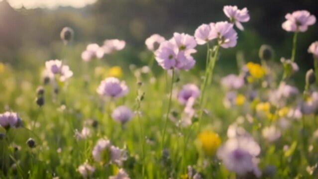 Spring meadow, beautiful wild flowers. Defocused natural background.