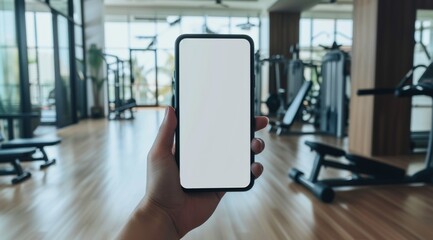 mockup image of a smartphone with a blank screen with a gym in the background