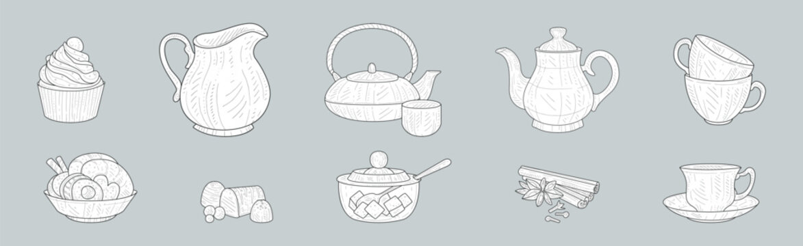 Tea Hand Drawn Object with Teapot, Cup and Sweets Vector Set