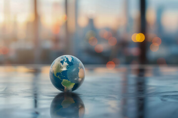 Urban Dawn, A Miniature World Perspective. earth ball on the ground, small globe of planet earth with a young plant around. earth hour concept, eco concept