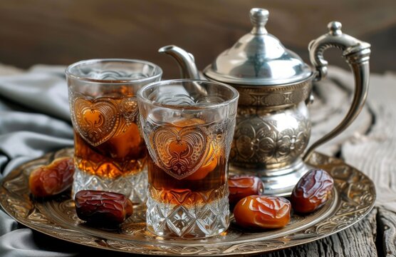 Two glasses filled with date tea and a teapot resting atop them, ramadan drinks image