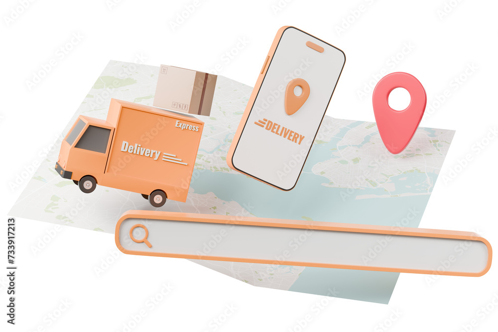 Fototapete truck express delivery with smartphone shipping navigation pin pointer map location gps online deliv