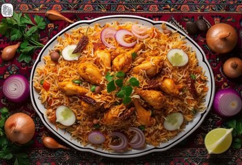 Plate holds chicken biryani and onions, chicken biryani concept