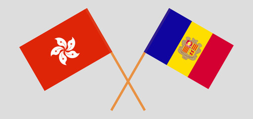Crossed flags of Hong Kong and Andorra. Official colors. Correct proportion