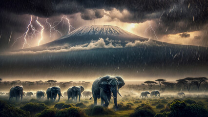 Resilient Giants: Herd of African Elephants Caught in a Dramatic Thunderstorm with Lightning in front of Mount Kilimanjaro in Tanzania. 