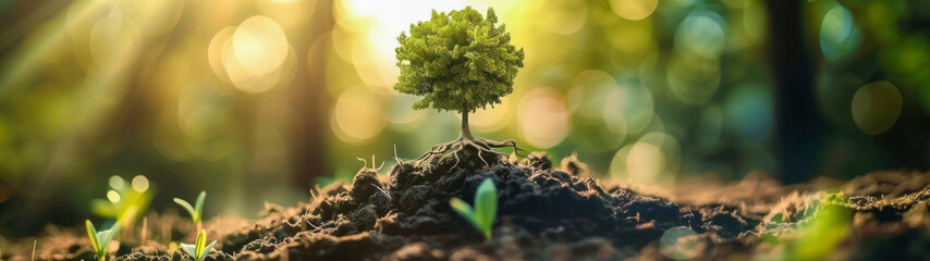 Plant Trees for Carbon Sequestration and Oxygen Restoration. Plant tree to offset carbon emissions and restore vital oxygen to the earth. earth hour concept, eco concept - obrazy, fototapety, plakaty