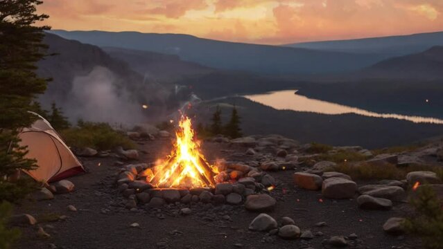 bonfire in the mountains at evening, with tent, beautiful view background looping, Seamless looping time-lapse virtual 4k video animation background
