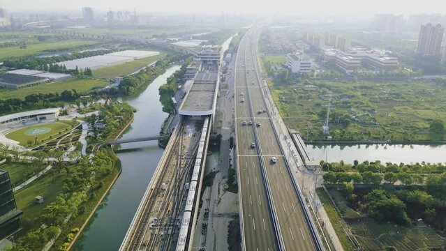 Aerial view of subway riding across the residential district in Shanghai.