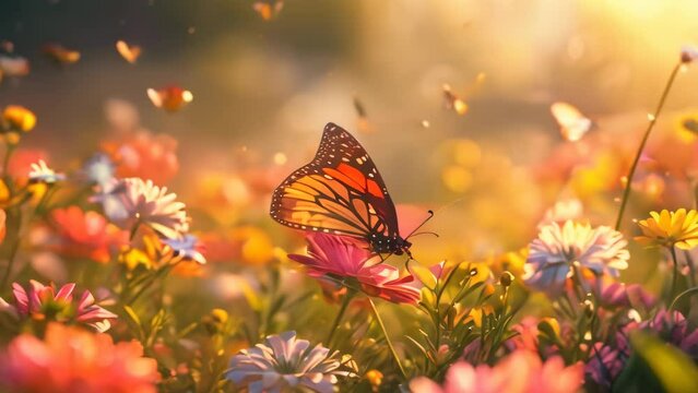 A colorful butterfly rests on a vibrant flower in a summer garden. 4k video animation