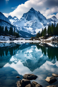 Mountain lake with reflection of snowy mountains and clouds in the sky