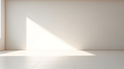 Minimalist White Room with Sunlight Shadow Spacious minimalist white room bathed in natural sunlight creating a sharp shadow, perfect for a tranquil setting or background.

