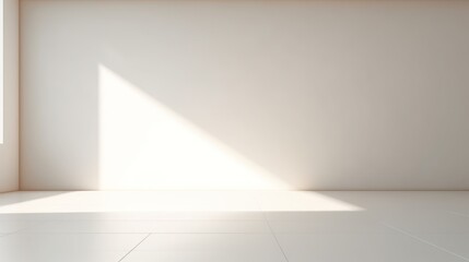 Fototapeta premium Minimalist White Room with Sunlight Shadow Spacious minimalist white room bathed in natural sunlight creating a sharp shadow, perfect for a tranquil setting or background.