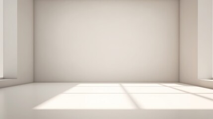 Minimalist White Room with Sunlight Shadow Spacious minimalist white room bathed in natural sunlight creating a sharp shadow, perfect for a tranquil setting or background.

