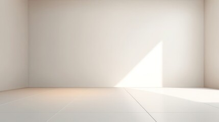 Minimalist White Room with Sunlight Shadow Spacious minimalist white room bathed in natural sunlight creating a sharp shadow, perfect for a tranquil setting or background.

