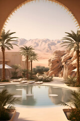 Fototapeta premium Luxury hotel swimming pool in the desert. 3d rendering