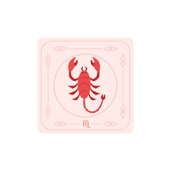 Horoscope square card with Scorpio zodiac symbol and sign, Astrological zodiac scorpion insect icon, flat vector design