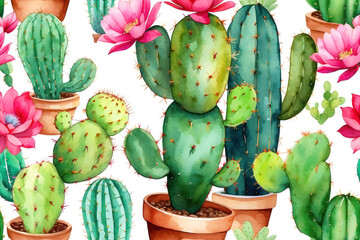 Cute watercolor illustration, background with flowering cacti in pots. Pattern on a white background, pink flowers, exotic pattern.