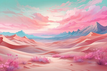 Illustration of a fantastic landscape, pink sand dunes and grass under the rays of the setting sun, pink clouds. Desert landscape, mountains, pastel colors.