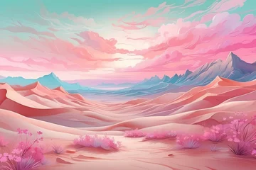 Fototapeten Illustration of a fantastic landscape, pink sand dunes and grass under the rays of the setting sun, pink clouds. Desert landscape, mountains, pastel colors. © TulenMalen