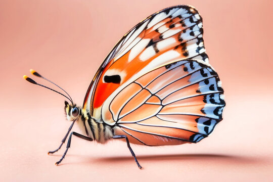 Close-up image of a cute butterfly sitting on a light background. Texture of insect wings, delicate peach color, macro photo.