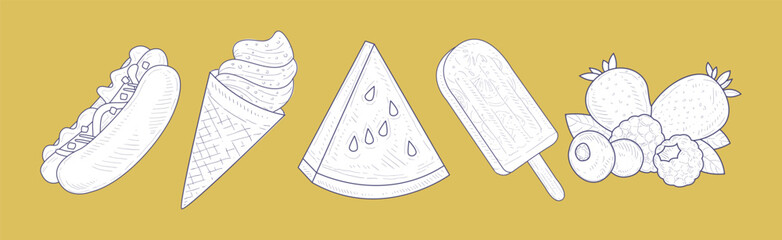 Ice Cream, Berry, Hot Dog and Watermelon Hand Drawn Element on Yellow Background Vector Set