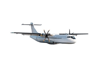 White passenger turboprop airliner flies isolated