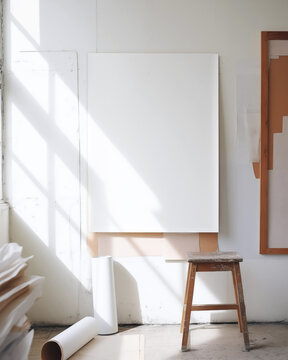 A blank paper mockup in a bright and airy artist studio with white walls, rolls of paper, wood canvas frames and wooden stool. Sunlight streams in through window