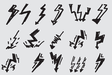 collection of hand drawn symbols of lightning, lightning, energy, power, lightning doodles in vector