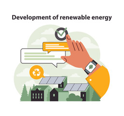 Hand points to dialogue on renewable energy development. Solar panels with houses represent clean power sources. Discussing sustainability and green solutions. Flat vector illustration.