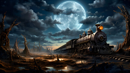 Steam locomotive on the background of the full moon. 3D rendering - obrazy, fototapety, plakaty