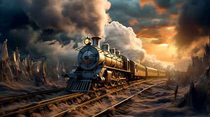 Steam locomotive in the mountains at sunset. 3D illustration.