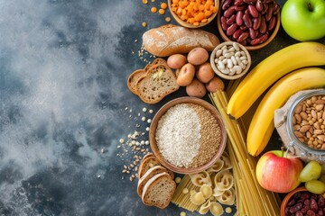 High angle view of various kinds of food rich in carbohydrates like bread, banana, pasta, apple, oat, flour, kidney beans, lentils, raisins, potatoes, sweet potatoes, dates and chick peas.  - Powered by Adobe