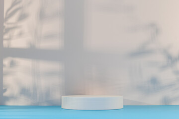 Fond avec un podium vide pour création d'arrière plan de couleurs bleu et blanc avec un jeu d'ombre d'une fenêtre et de branches.	 - obrazy, fototapety, plakaty