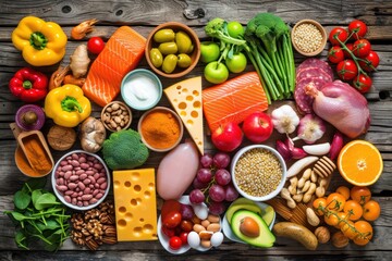 High angle view of various kinds of food types isolated on a rustic wooden background. 
