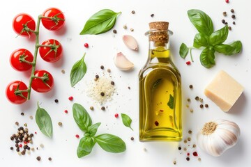 Italian food: Top view of some Italian ingredients like an olive oil bottle, basil, cherry tomatoes, parmesan cheese, garlic and pepper isolated on white background. 