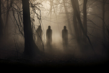 Three Ghosts Standing in the Middle of a Foggy Forest