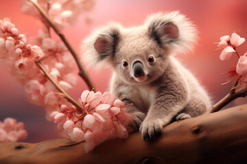 A koala sitting on a branch of a tree with peach fuzz flowers with an abstract peach fuzz background 