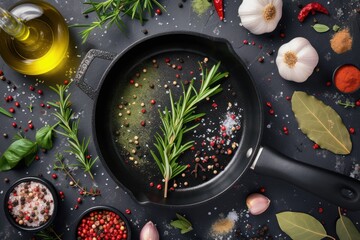 Top view of a black cooking pan whit rosemary, garlic and pepper surrounded by various kinds of multicolored mediterranean spices and herbs