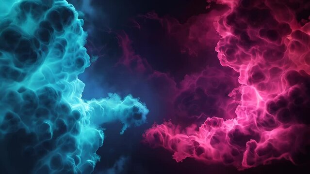 Blue and red smoke rising against a dark background, creating an artistic atmosphere with contrasting colors.
