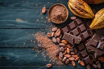 Top view of a cocoa pod, cocoa beans, chocolate bars and cocoa powder on a dark blue wooden backdrop. - obrazy, fototapety, plakaty