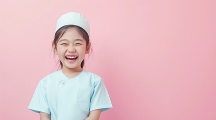Cute Asian girl wearing white nurse uniform standing on pastel background.