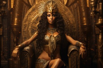 Obraz premium Egyptian queen standing inside the royal throne .AI generated