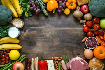Top view of a frame made with various kinds of food types arranged in a rainbow gradient with copy space on a rustic wooden table. 