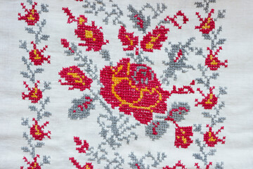 Close-up of Ukrainian folk embroidery, ethnic patterns.