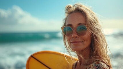 Beautiful Mature Woman with Surfing board on Ocean Shoreline with Waves