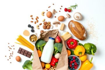 Top view of a paper bag full of canned food, fruits, vegetables, eggs, a milk bottle, berries,...