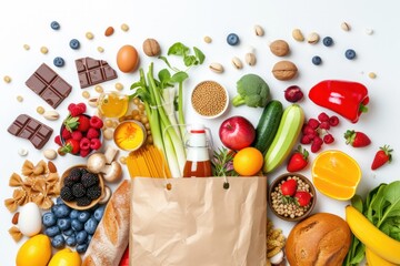 Top view of a paper bag full of canned food, fruits, vegetables, eggs, a milk bottle, berries, mushrooms, nuts, pasta, a chocolate bar and bread.  - obrazy, fototapety, plakaty