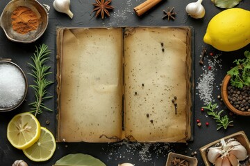 Top view of a vintage opened cookbook surrounded by some spices and herbs 